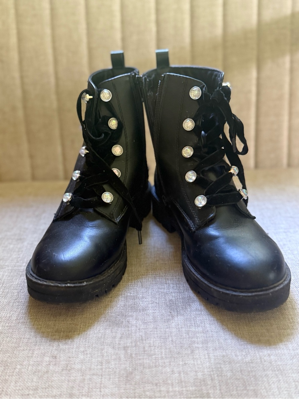 Black Women's Lace-Up Combat Boots with Crystal Accents